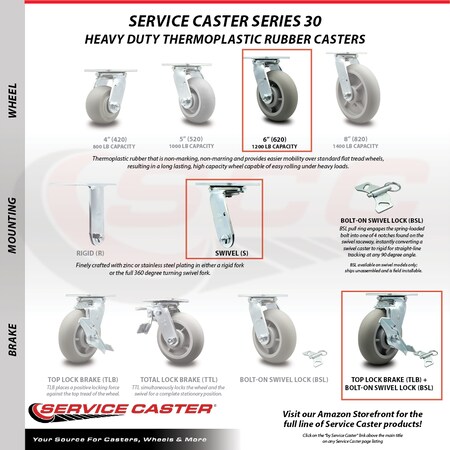 Service Caster 6 Inch SS Thermoplastic Rubber Caster Set with Ball Bearings & Brake/Swivel Lock SCC-SS30S620-TPRBD-TLB-BSL-4